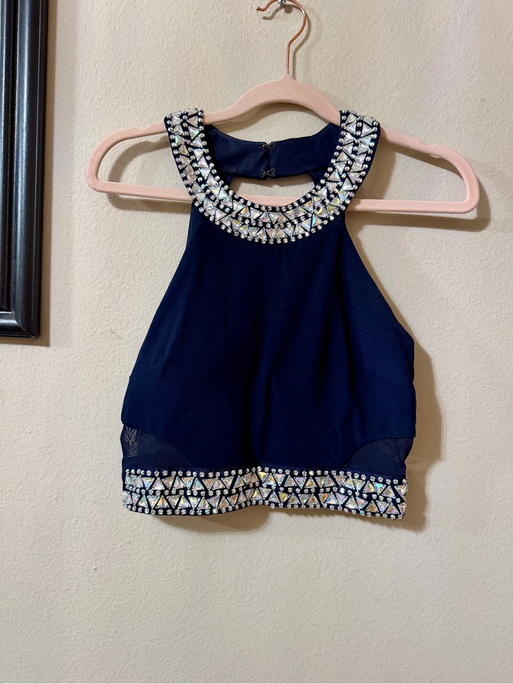 B. Darlin Embellished Navy Beaded Halter Crop Top